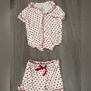 Kickee Pants White Pajama Set with Red Heart Print